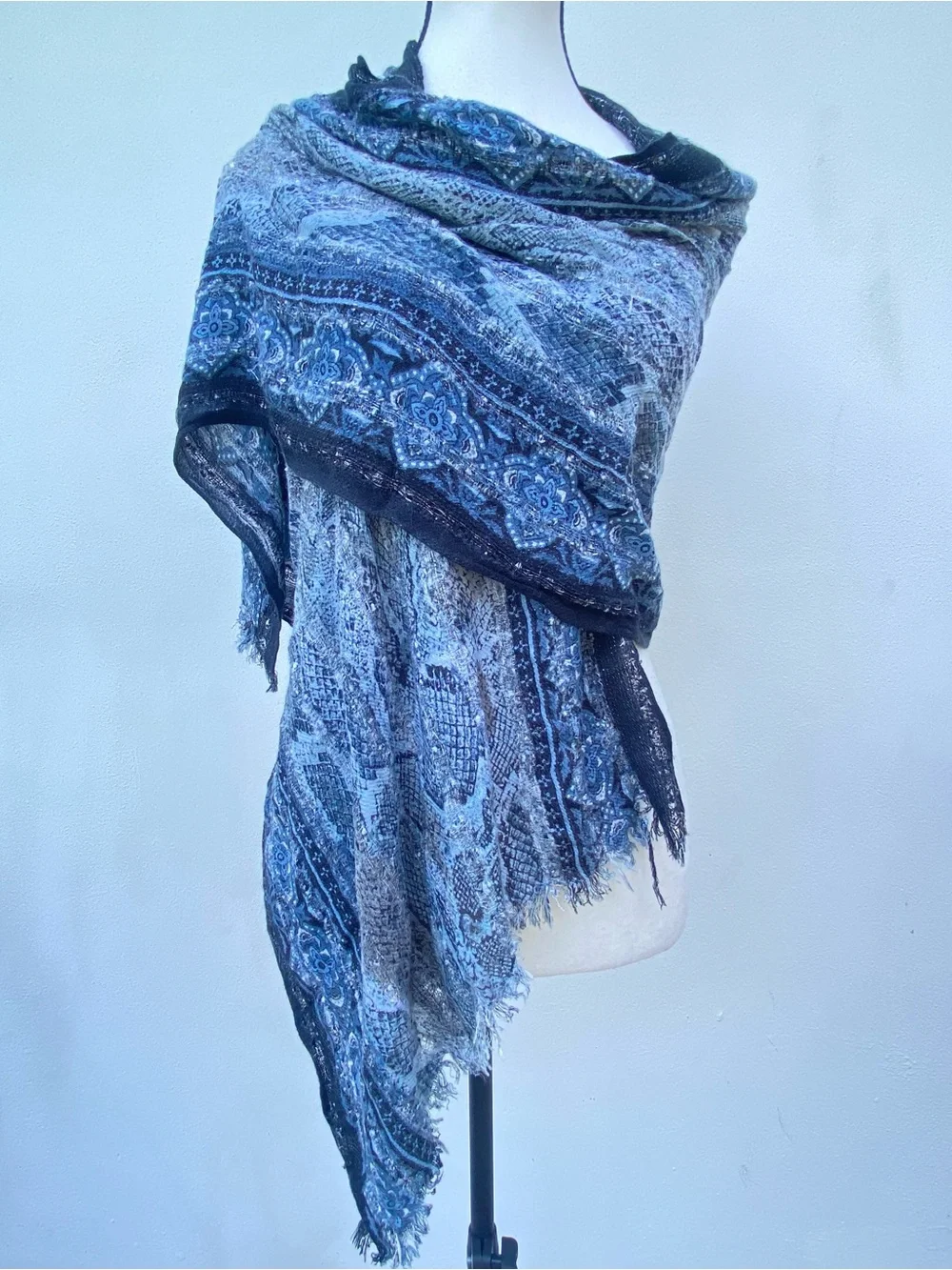 Boho Blue Black Silver Metallic  Pashmina Fringe Scarf